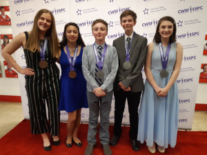 Picture Left to right: Medal winners Abby Chapman, Christianne Riveroll, Joe Moak, Davis Nicholson and Jannah McCallum at the 2019 Canada-Wide Science Fair (credit: photo from Lise Deveau)