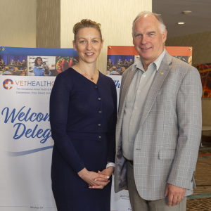 MicroSintesis CEO Hannah McIver with PEI BioAlliance Executive Director Rory Francis, during VetHealth Global 2019 at the PEI Convention Centre, Delta Prince Edward. Photo credit: Berni Wood